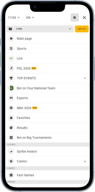 Melbet mobile App main menu
