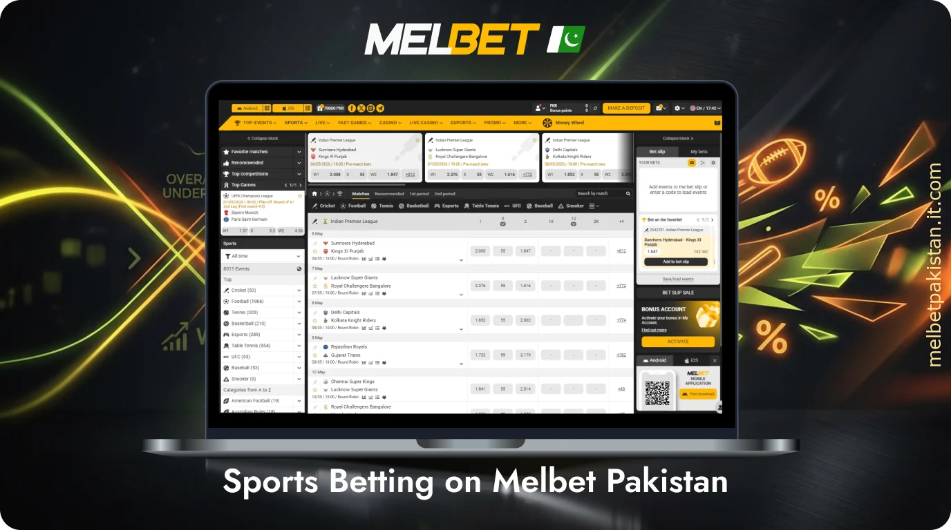 On the Melbet website, players from Pakistan will find an extensive range of sports betting options